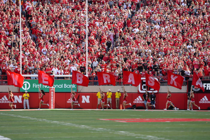 Nebraska cheerleaders celebrate a score.