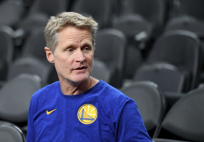 A closeup of Steve Kerr during a Golden State Warriors shootaround.