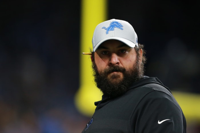 A closeup of Detroit Lions coach Matt Patricia, a former Bill Belichick assistant.