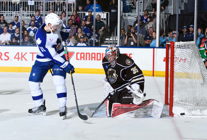 Goalie David Ayres, who would go on to serve as an EBUG for the Carolina Hurricanes, during a Toronto Marlies game.