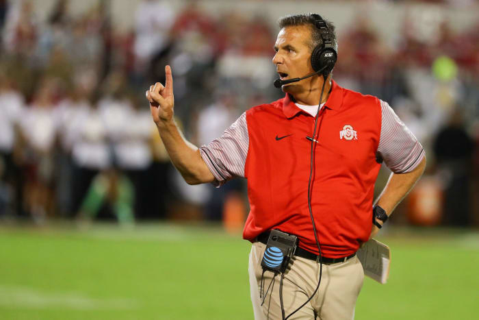 A closeup of Urban Meyer during an Ohio State game.