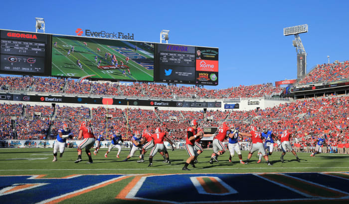 A general view of a football game being played between Florida and Georgia.