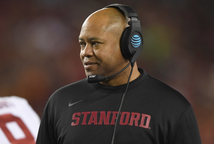 A closeup of Stanford coach David Shaw.