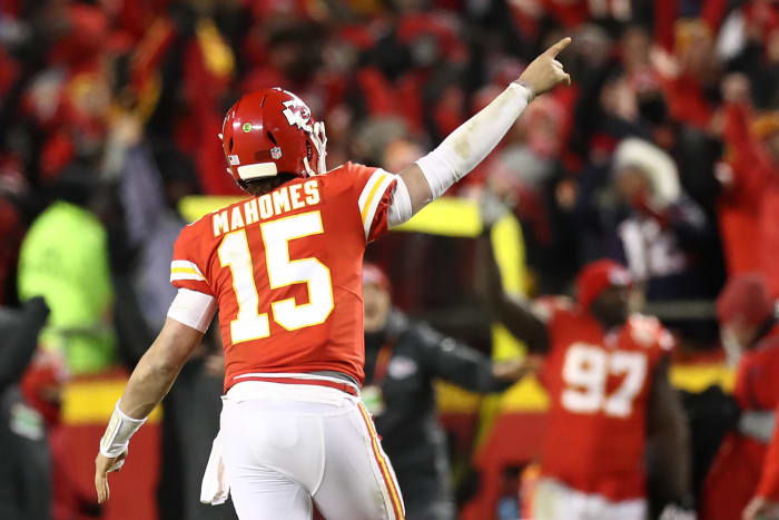 Kansas City Chiefs QB Patrick Mahomes celebrating during a game.