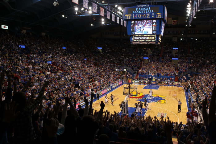 A general view of the Kansas Jayhawks basketball court.