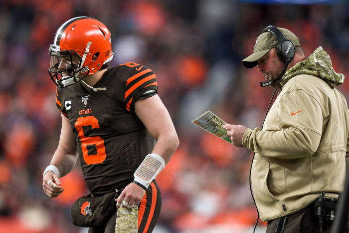 DENVER, CO - NOVEMBER 3: Baker Mayfield #6 of the Cleveland Browns returns to the field after a discussion with head coach Freddie Kitchens of the Cleveland Browns in the fourth quarter of a game at Empower Field at Mile High on November 3, 2019 in Denver, Colorado. (Photo by Dustin Bradford/Getty Images)