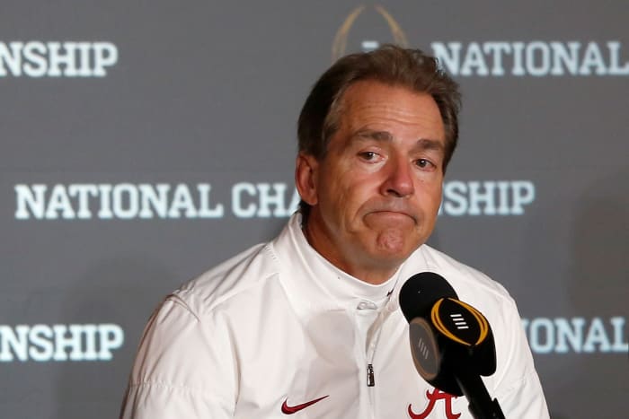 A closeup of Nick Saban during a press conference.