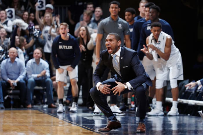 Butler head coach LaVall Jordan yelling on the sideline.