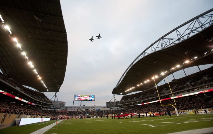 A low view of the field at IG Field ahead of a CFL game.