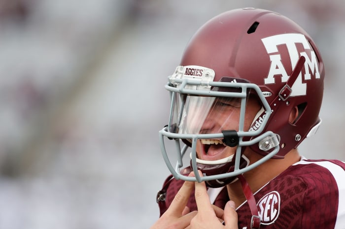 Johnny Manziel in his Texas A&M helmet