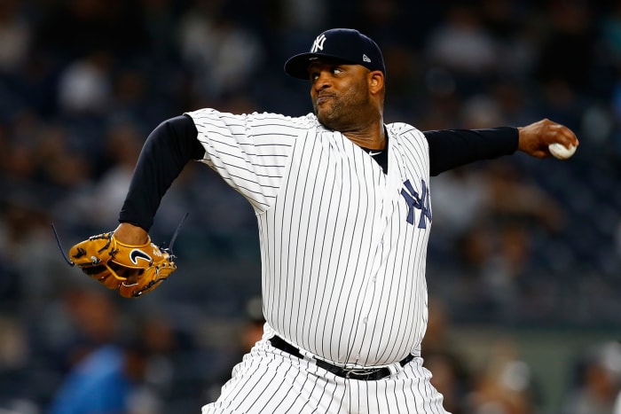 C.C. Sabathia throwing a pitch.