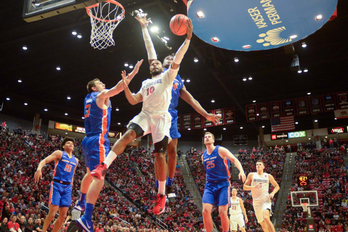 San Diego State basketball player scores against Boise State.