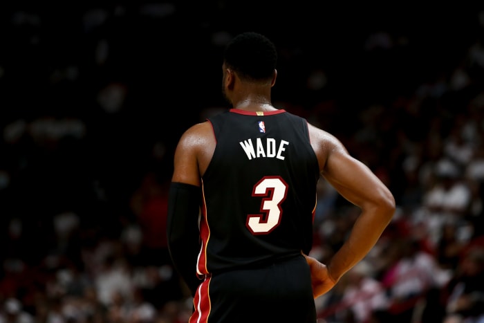 A photo of Dwyane Wade showing the back of his uniform.