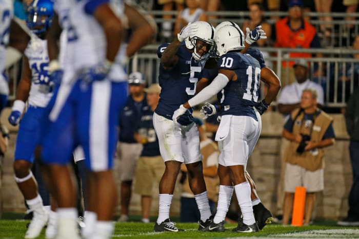 Penn State WR Brandon Polk celebrates a touchdown.