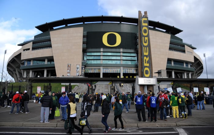 An exterior view of Oregon's football stadium.