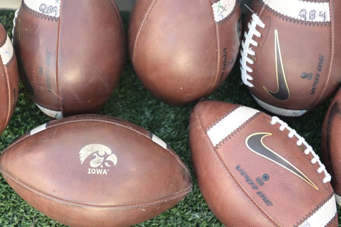 Close-up view of Iowa footballs.