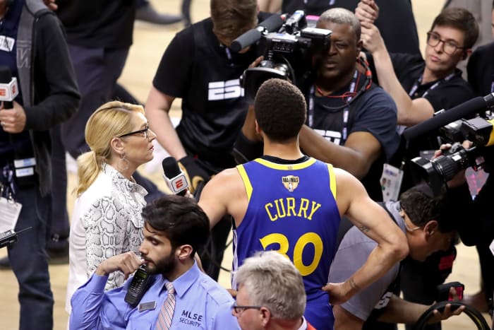 TORONTO, ONTARIO - JUNE 10: Stephen Curry #30 of the Golden State Warriors is interviewed by Doris Burke after his teams 106-105 win over the Toronto Raptors in Game Five of the 2019 NBA Finals at Scotiabank Arena on June 10, 2019 in Toronto, Canada. NOTE TO USER: User expressly acknowledges and agrees that, by downloading and or using this photograph, User is consenting to the terms and conditions of the Getty Images License Agreement. (Photo by Claus Andersen/Getty Images)