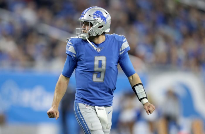 A closeup of Detroit Lions QB Matthew Stafford during a game.