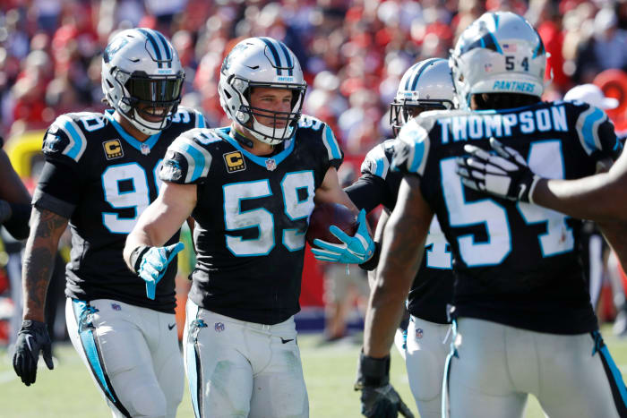 Luke Kuechly celebrates a big play for the Carolina Panthers.