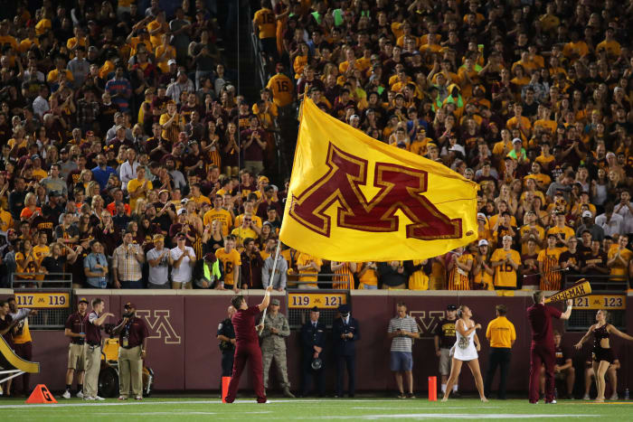 A man waving minnesota's flag.