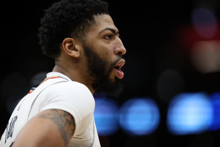 A closeup of Anthony Davis during a game.