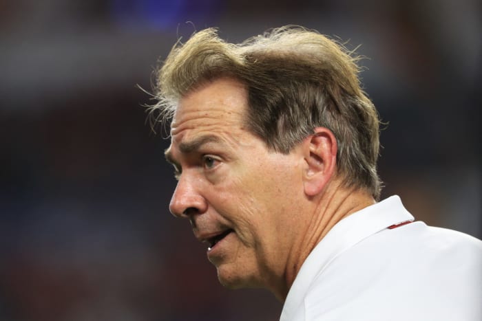 A closeup of Alabama head coach Nick Saban.