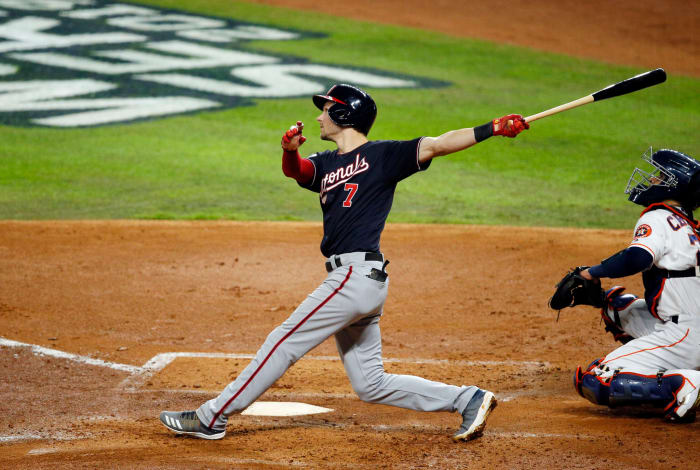 Trea Turner takes a swing.