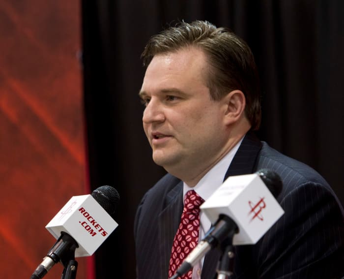 Houston Rockets general manager Daryl Morey at a press conference, now the president of basketball operations for the Philadelphia 76ers as of 2020.