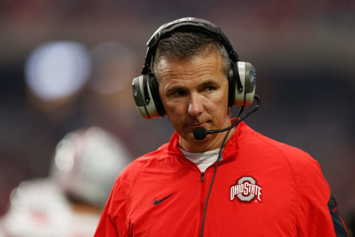 A closeup of Urban Meyer during an Ohio State football game.