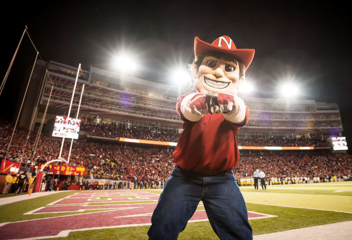 Herbie Husker celebrates a touchdown.