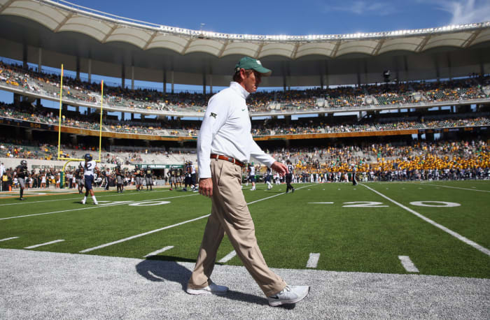 Head coach Art Briles of the Baylor Bears looks on as the Bears take on the West Virginia Mountaineers in the second half at McLane Stadium.