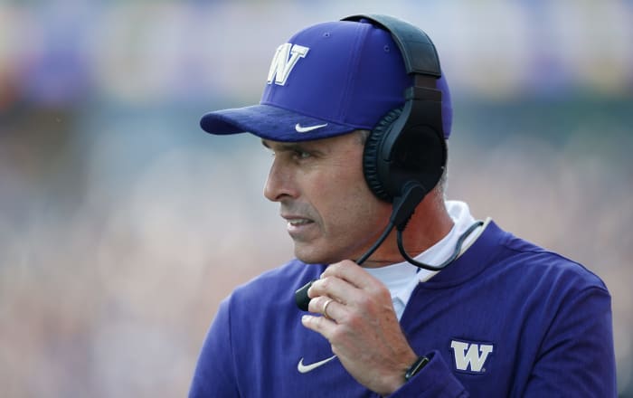 A closeup of Washington coach Chris Petersen.