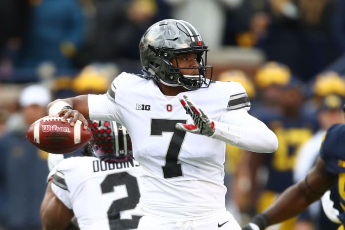 Dwayne Haskins throwing a pass against Michigan.