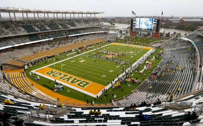The swollen Brazos River runs just behind the playing field before the Iowa State Cyclones take on the Baylor football program at McLane Stadium. The Bears were supposed to host Houston in Week 3 of the 2020 season.