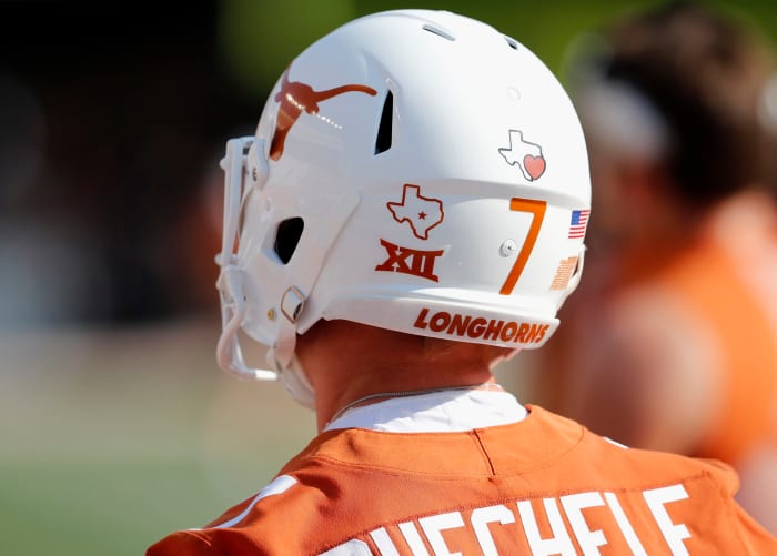 The back of Texas Longhorns QB Shane Buechele's helmet.