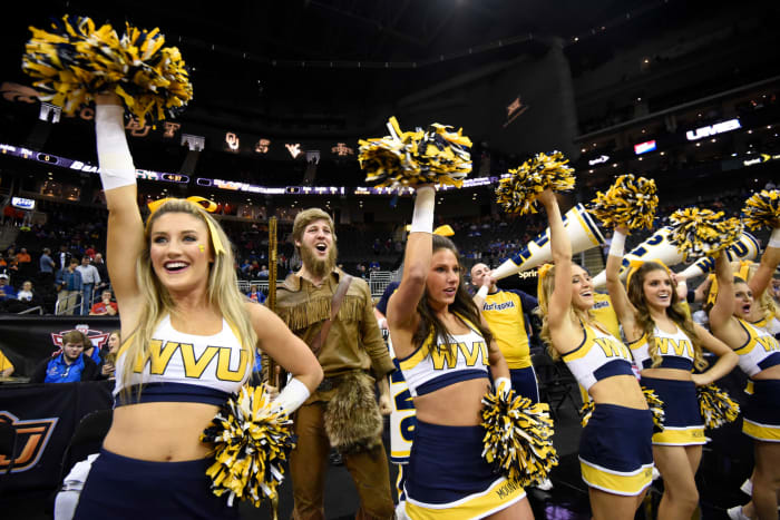 West Virginia's cheerleaders during a basketball game.