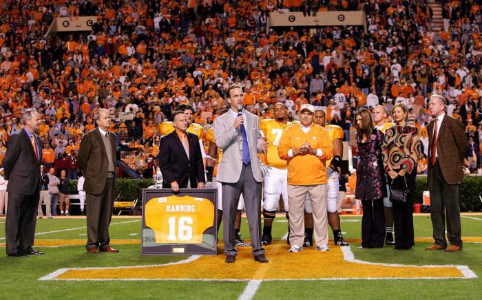 Peyton Manning speaks during a ceremony for him.