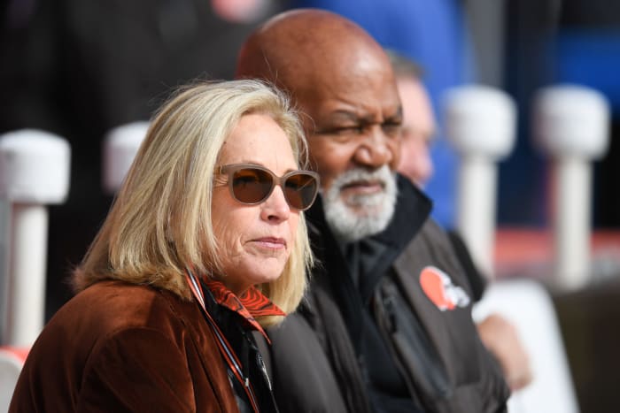 Dee Haslam on the field before a Browns game.