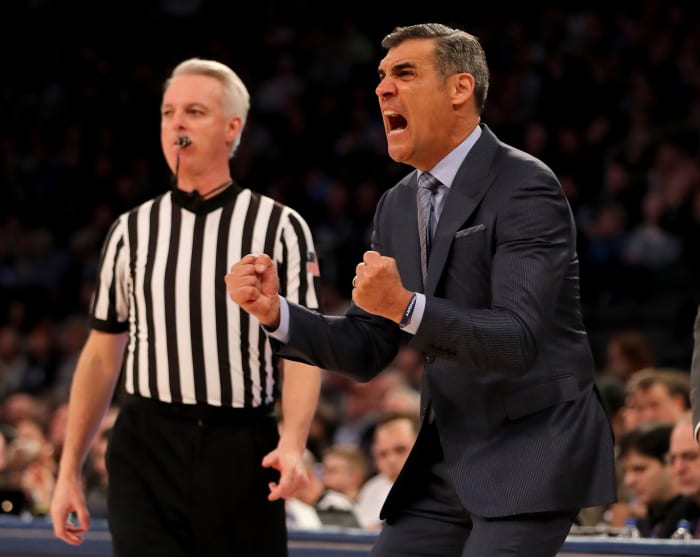 Villanova coach Jay Wright celebrating during a Villanova game.