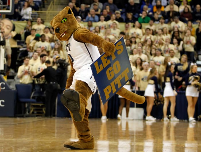 Pitt's mascot on the basketball court while holding a sign that says "Let's Go Pitt."