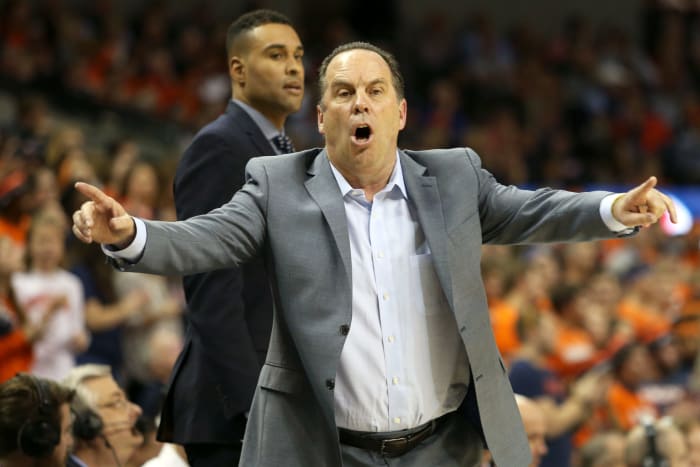 A closeup of Notre Dame coach Mike Brey.