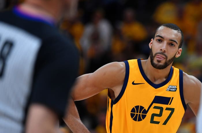 A closeup of Rudy Gobert during a game.