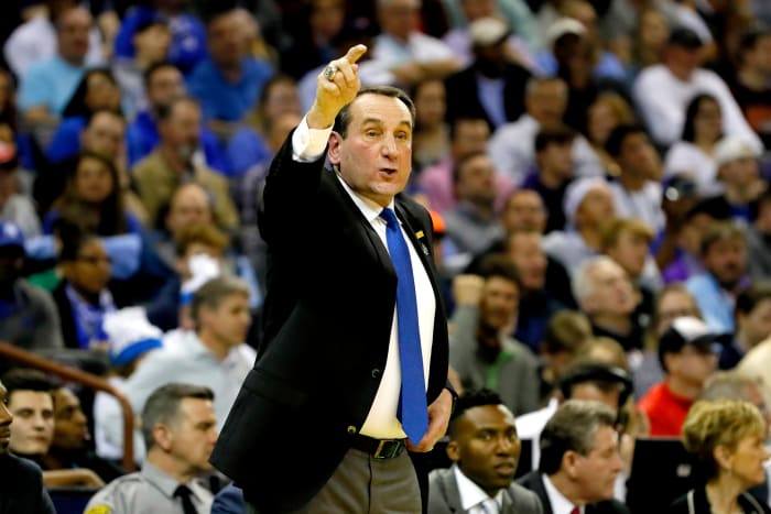 Head coach Mike Krzyzewski reacting to play during a Duke game.