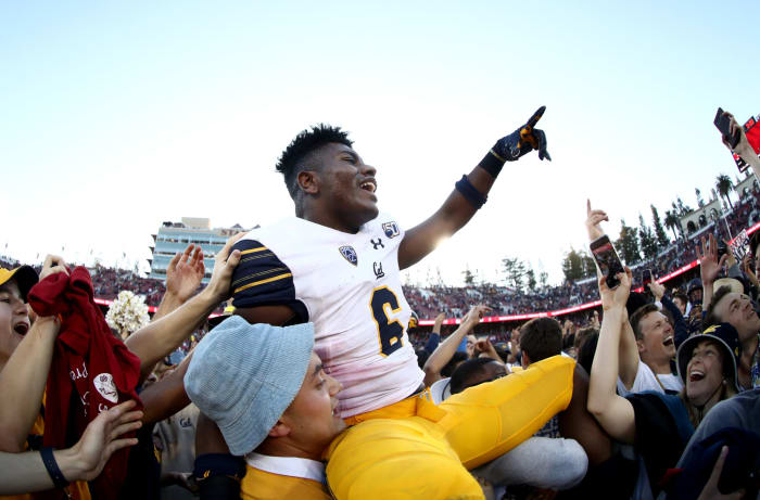 Jaylinn Hawkins celebrates win over Stanford.