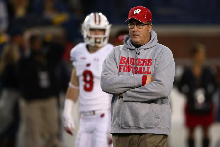 A closeup of Paul Chryst during a Wisconsin Badgers football game.