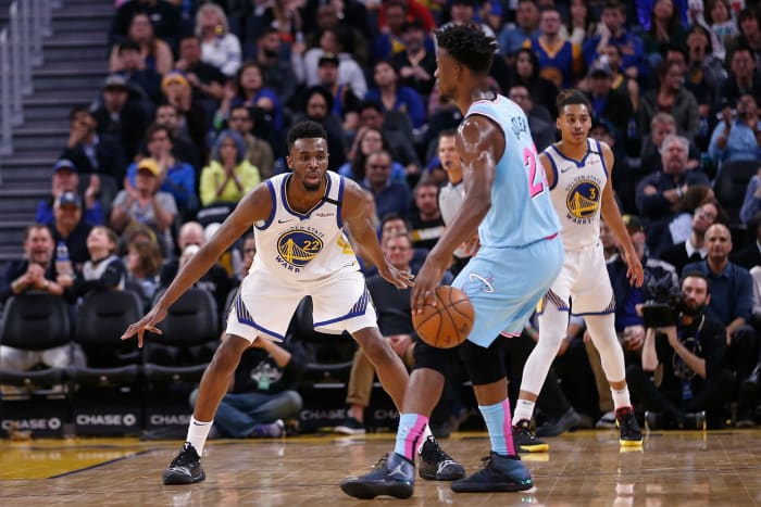 Golden State Warriors forward Andrew Wiggins defends vs. the Miami Heat.