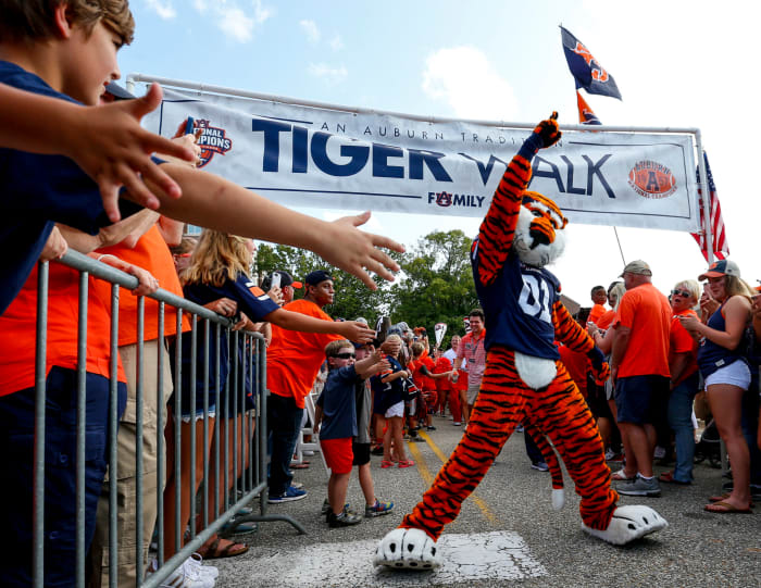 Auburn's mascot Aubie dances before a game between the SEC power and Georgia Southern.