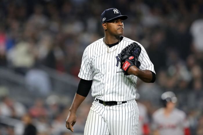 Luis Severino standing on the mound.