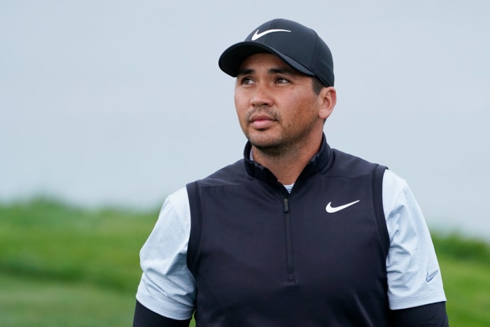 An extreme closeup of Jason Day taken during a golf tournament.