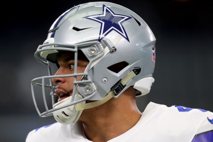 A closeup of Dak Prescott in his Dallas Cowboys helmet.